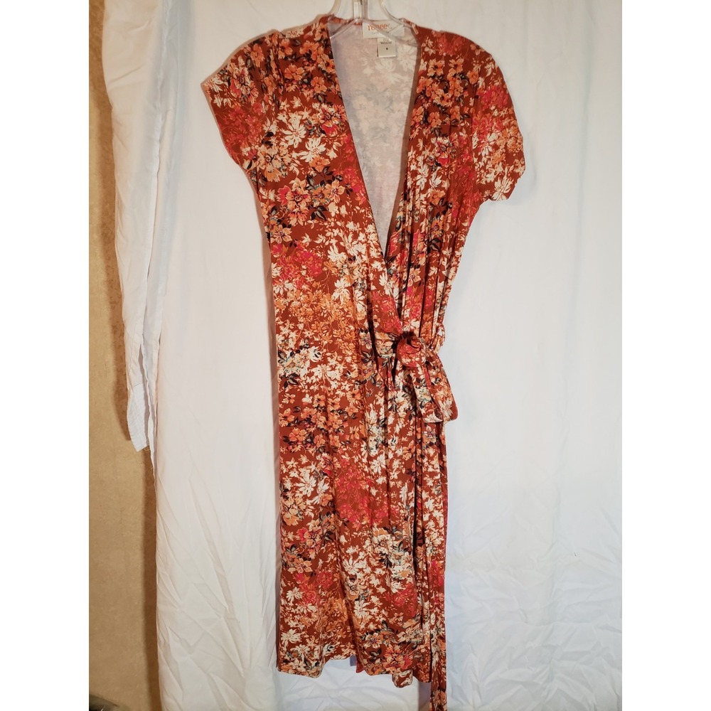 Women's Renée C Rust Floral Short Sleeve Wrap Dress Size S